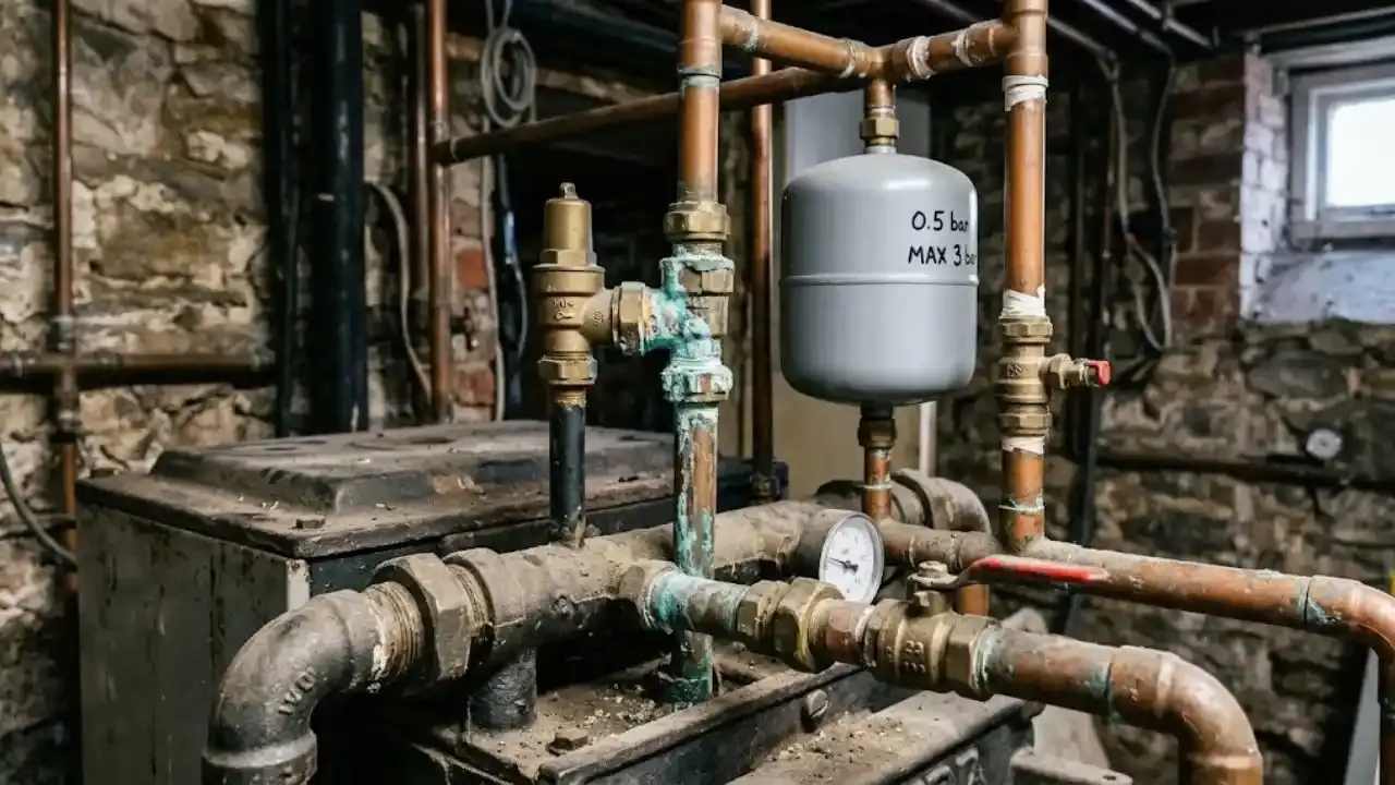 Old cast iron boiler in a stone basement with copper and iron pipes, brass valves, a pressure gauge and a small grey expansion tank