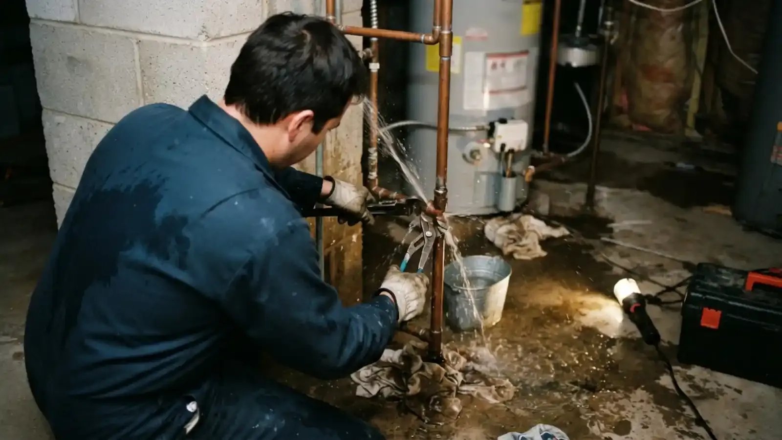 Plumber in a wet blue coverall tightening a fitting on a copper pipe next to a water heater while water sprays from the pipe onto a basement floor