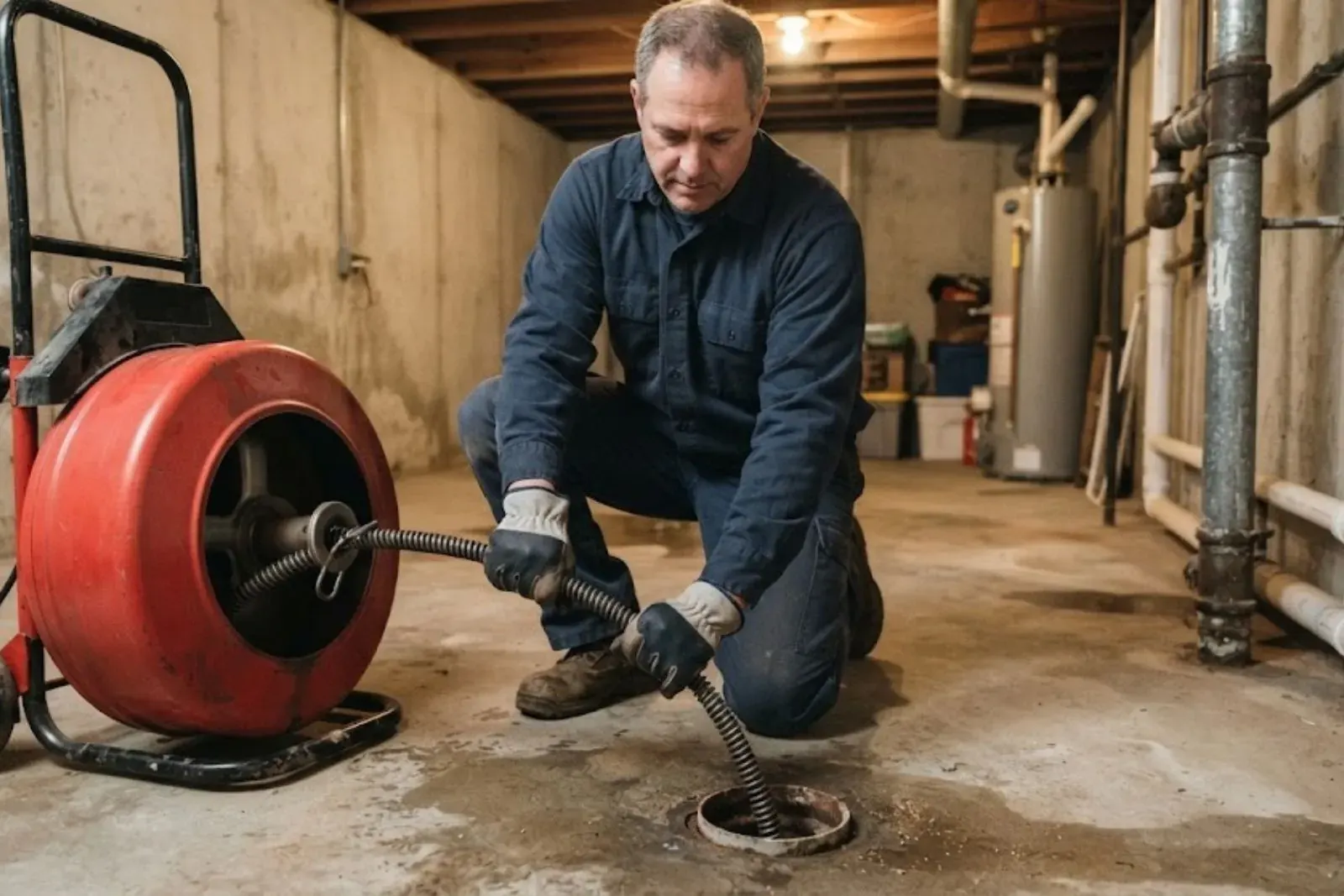 Plumber in a basement feeding a cable from a red drum machine into a floor drain
