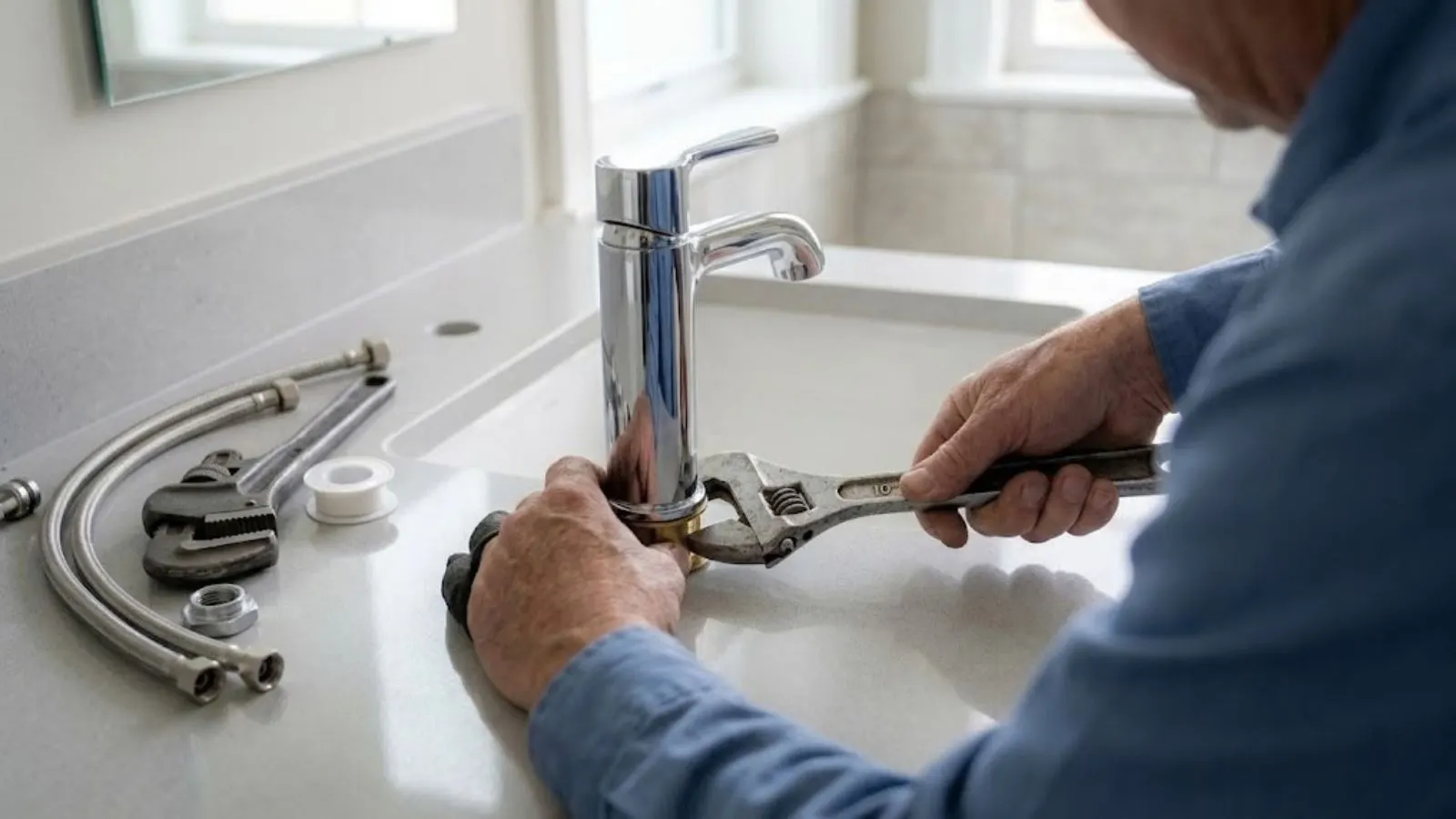 Hands using an adjustable wrench to tighten the base of a chrome single-handle faucet on a bathroom vanity, with braided supply lines, a pipe wrench and thread tape laid out beside the sink