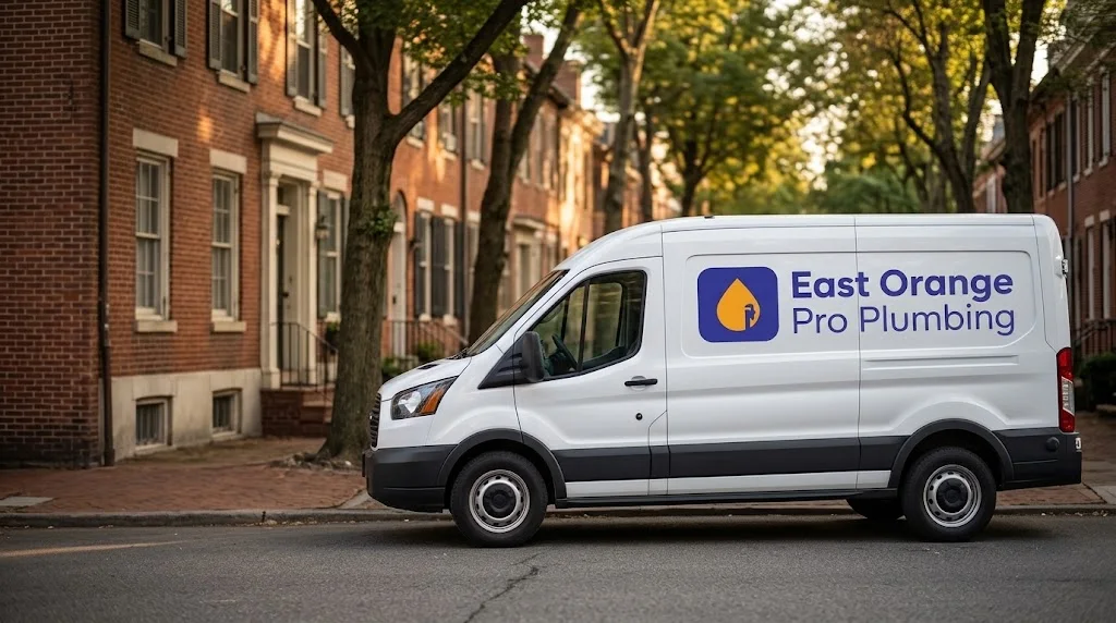 White plumbing van with a blue East Orange Pro Plumbing logo on its side panel, parked on a brick rowhouse street lined with trees