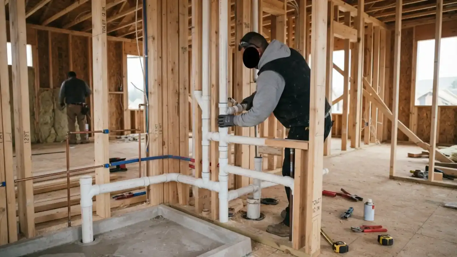 Plumber working on new pipe rough-in inside a framed house