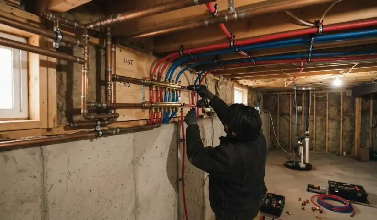 Plumber working at a manifold in an unfinished basement with red and blue PEX tubing run along the joists beside older copper pipes