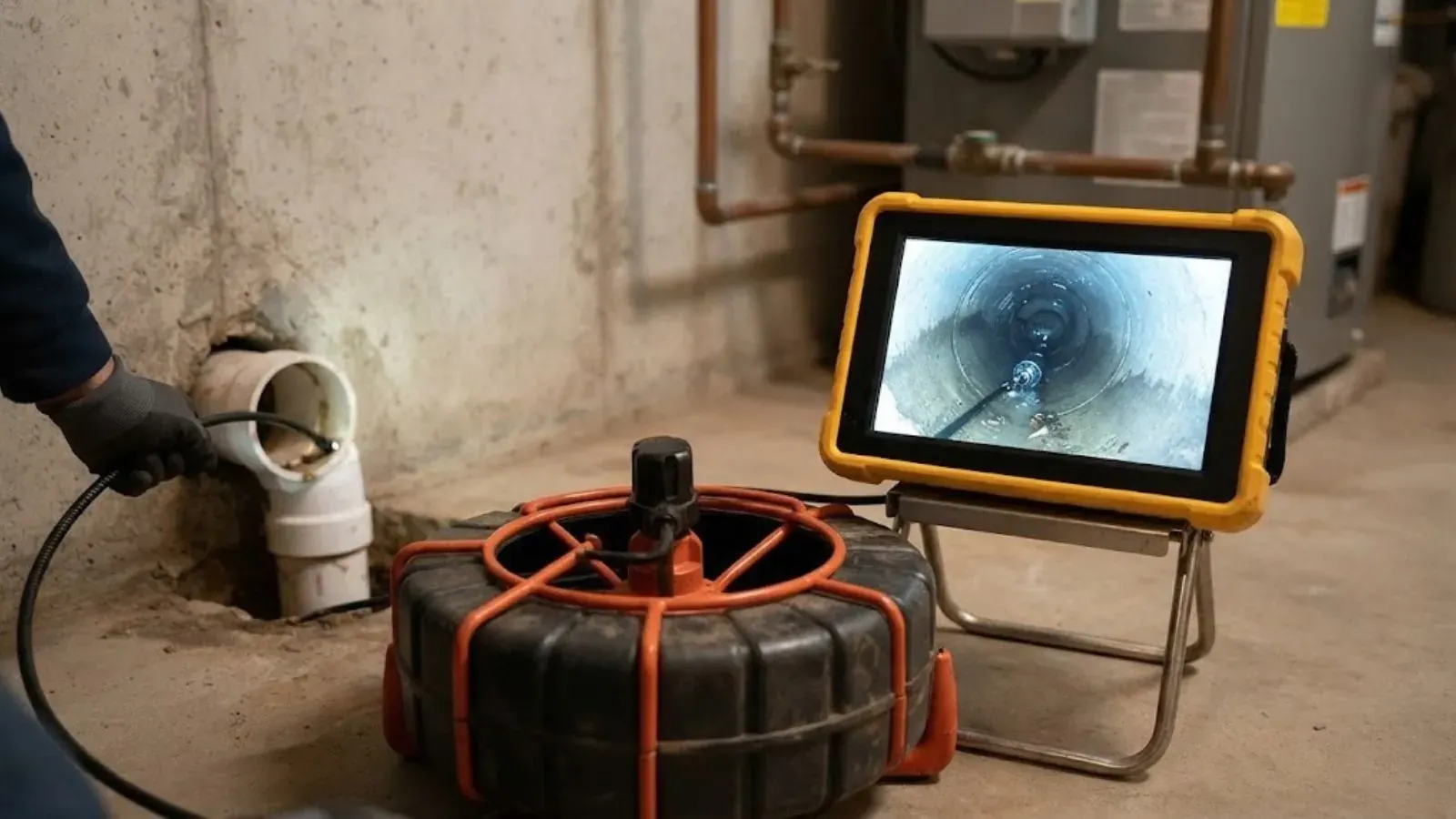 Camera reel and a rugged tablet showing the inside of a pipe, with a hand feeding the camera cable into a basement sewer clean-out