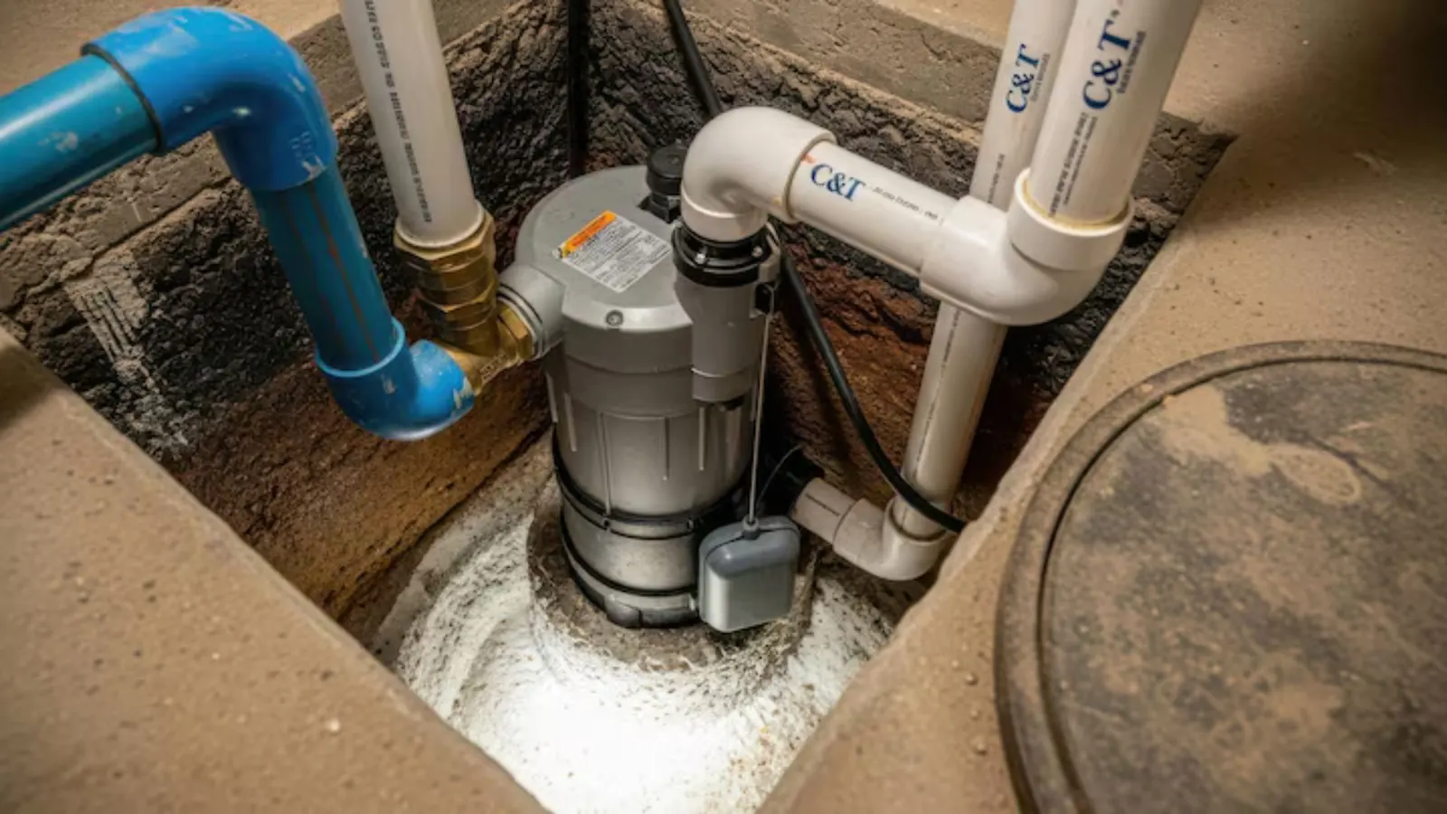 Submersible sump pump in a pit with a white discharge pipe, check valve, float switch and blue and white PVC pipes beside it