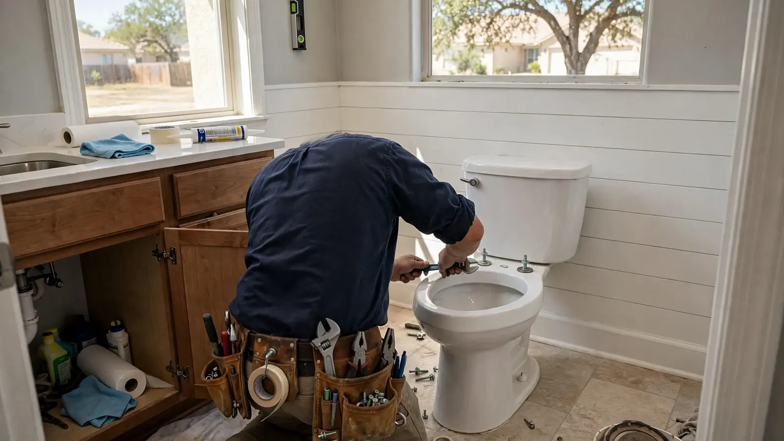 Plumber in a navy shirt and tool belt crouching beside a white toilet in a bright bathroom, tightening a bolt with an adjustable wrench next to an open vanity cabinet