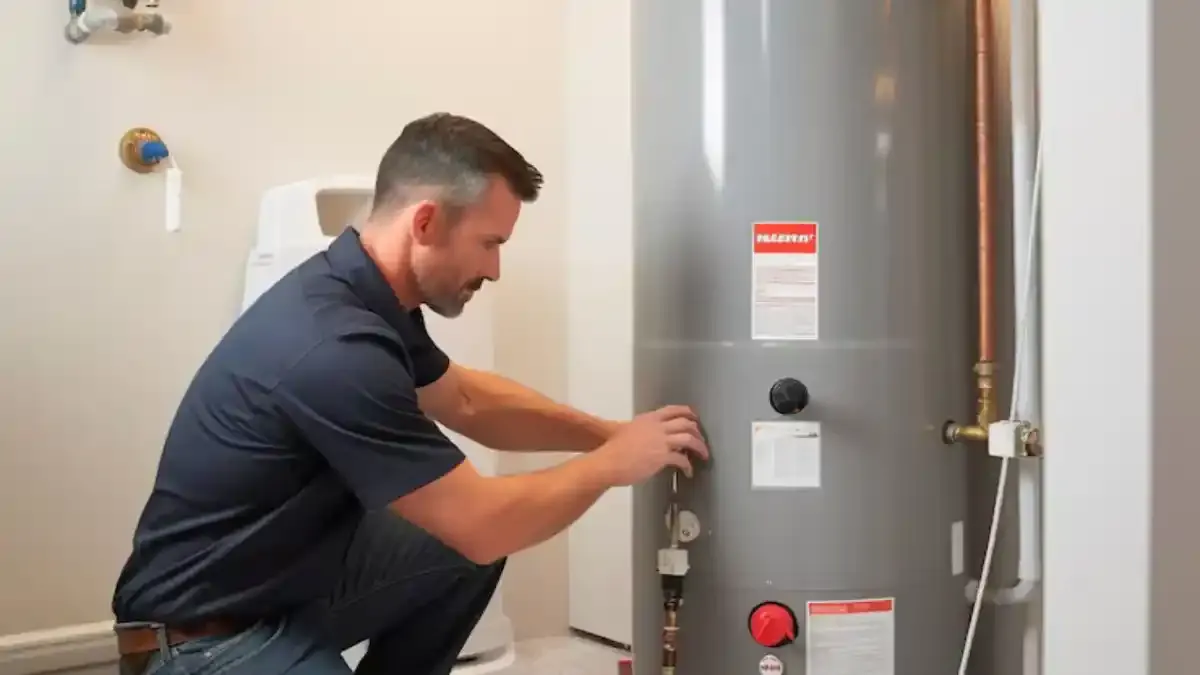 Technician crouching beside a grey tank water heater and adjusting a control near the base