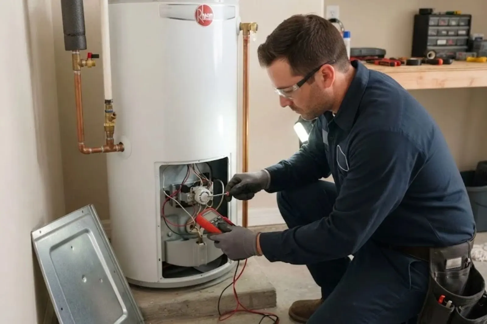 Plumber in a navy shirt and safety glasses kneeling at a gas water heater with the burner access panel removed, holding a screwdriver and a red multimeter at the gas control