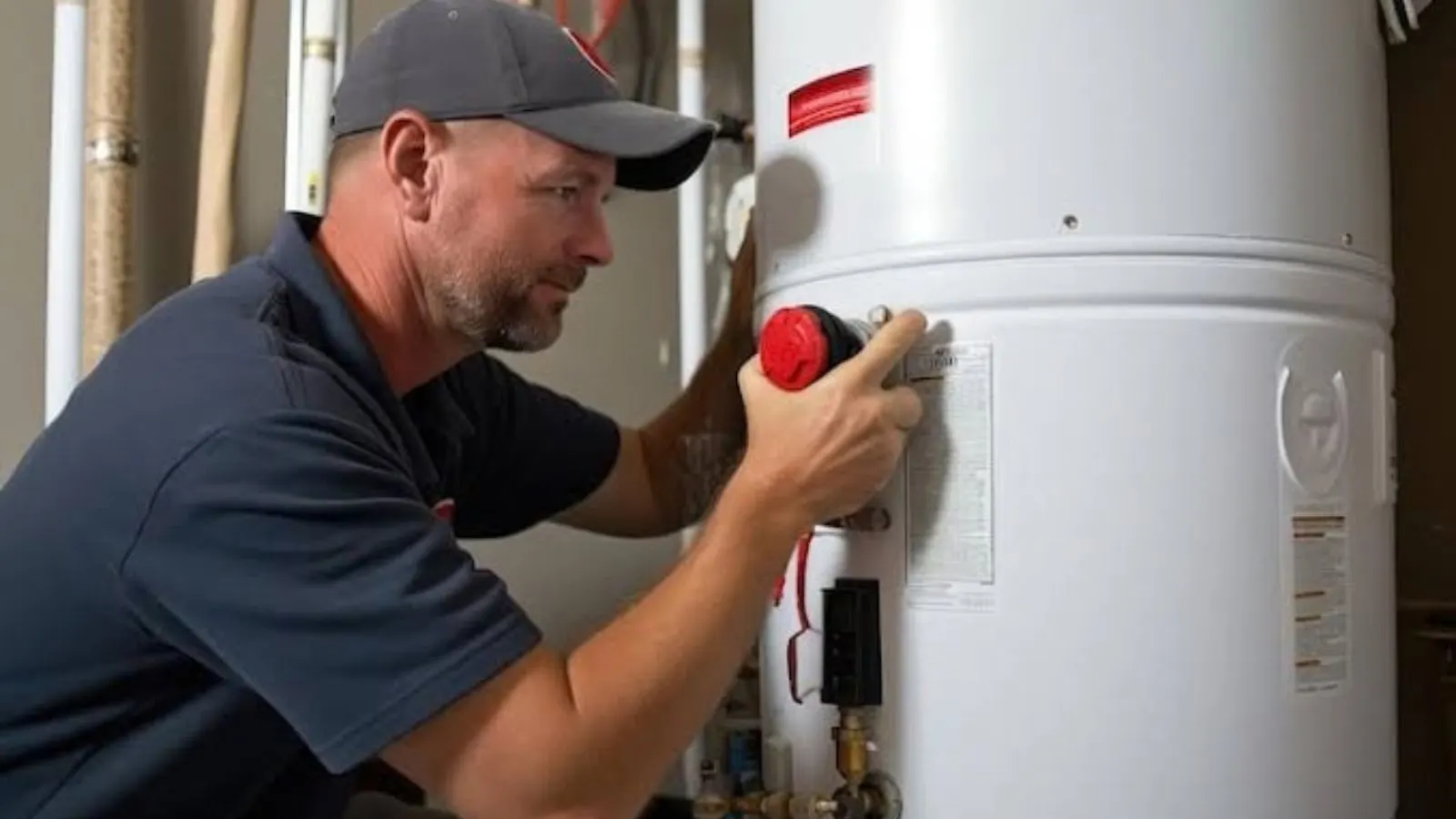 Technician in a cap pressing a red control knob on the side of a large white tank water heater